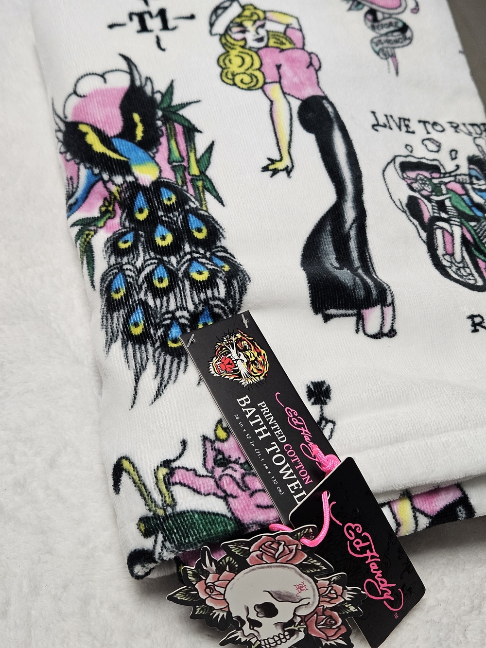 Ed Hardy 1 Bath Towel White with Pink & Black Tattoo Peacock Woman Biker Print